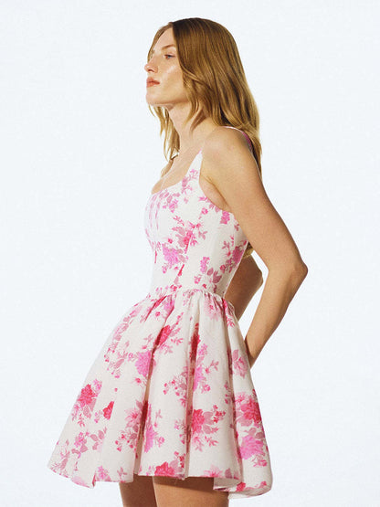 Date Night Dresses Mini Backless Pleated Sleeveless Floral Print Square Neck Sexy Dress