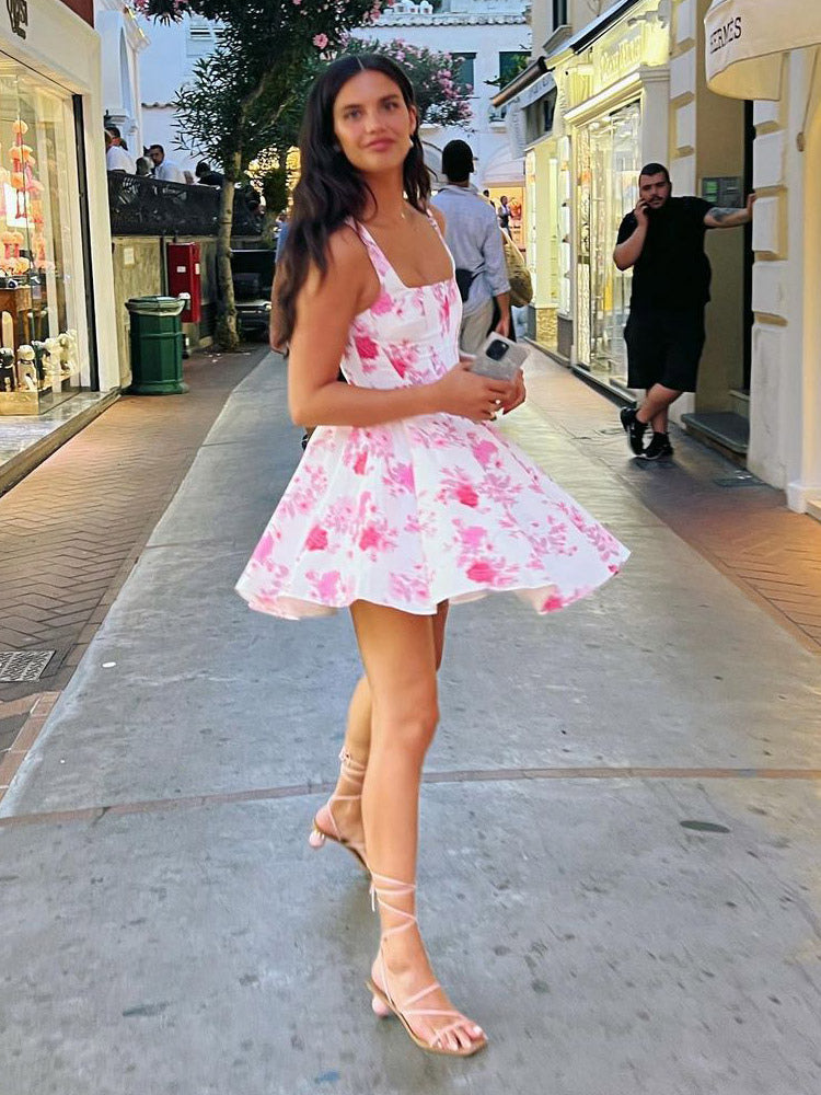 Date Night Dresses Mini Backless Pleated Sleeveless Floral Print Square Neck Sexy Dress