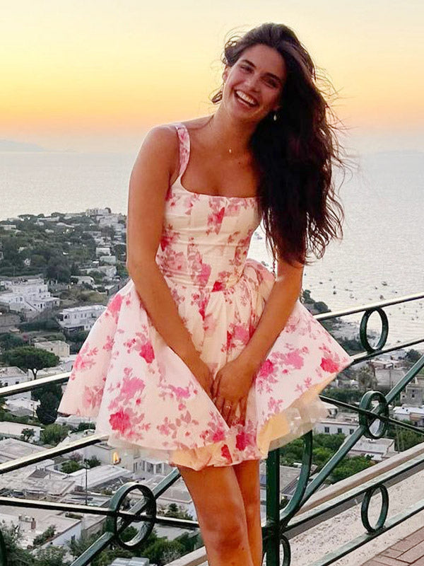 Date Night Dresses Mini Backless Pleated Sleeveless Floral Print Square Neck Sexy Dress