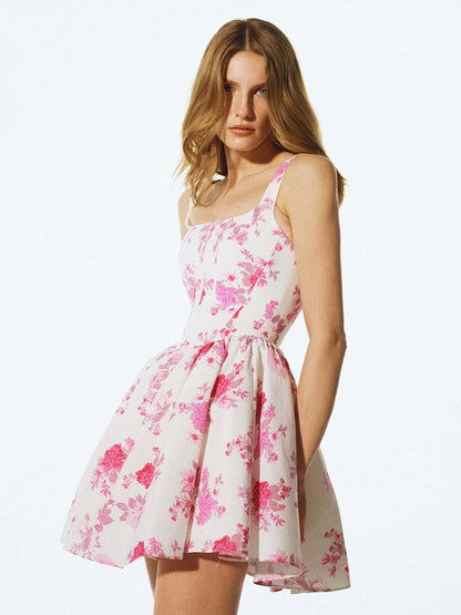 Date Night Dresses Mini Backless Pleated Sleeveless Floral Print Square Neck Sexy Dress