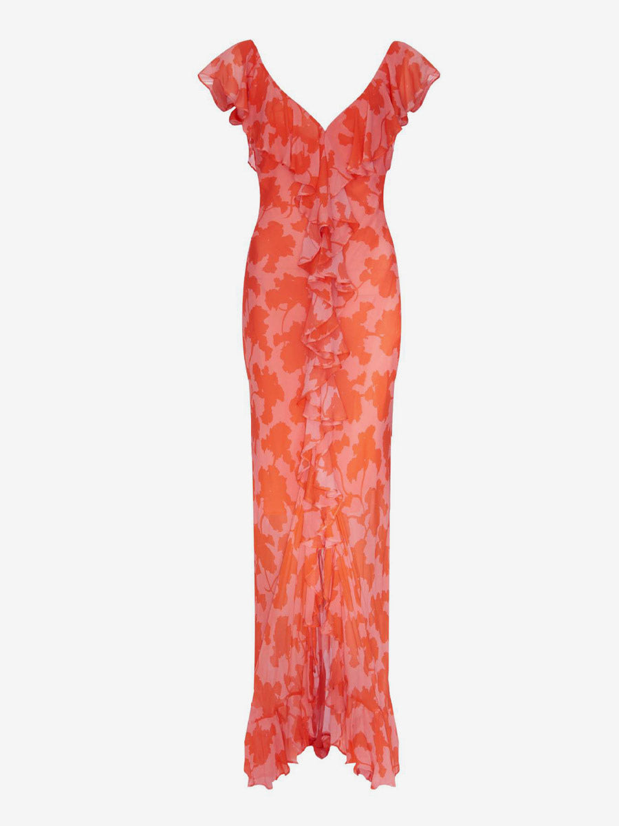 Vacation Dresses Maxi Backless Ruffles Pleated Short Sleeves Floral Print V-Neck Petal Sleeves Chic Orange Dress