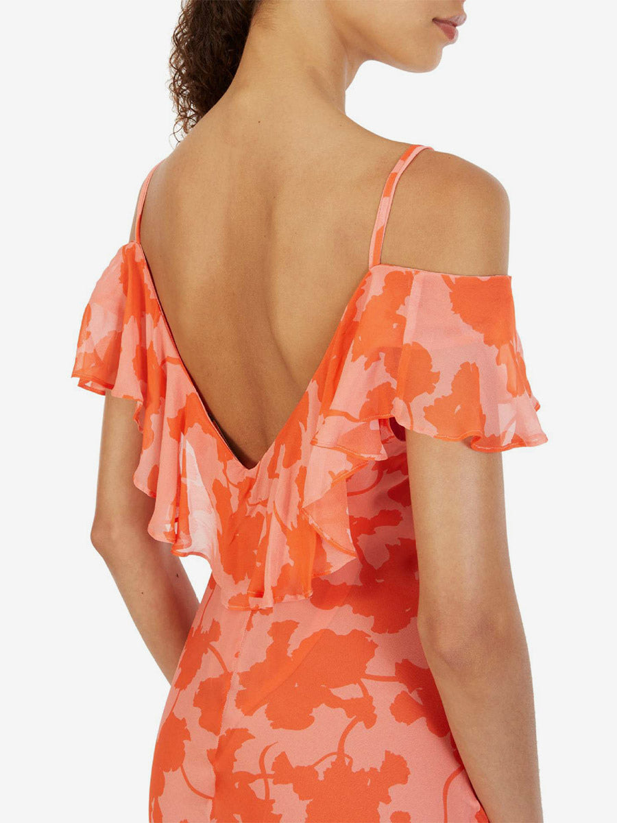 Vacation Dresses Maxi Backless Ruffles Pleated Short Sleeves Floral Print V-Neck Petal Sleeves Chic Orange Dress