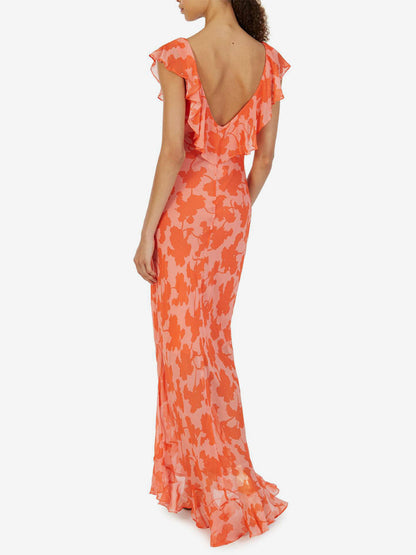 Vacation Dresses Maxi Backless Ruffles Pleated Short Sleeves Floral Print V-Neck Petal Sleeves Chic Orange Dress
