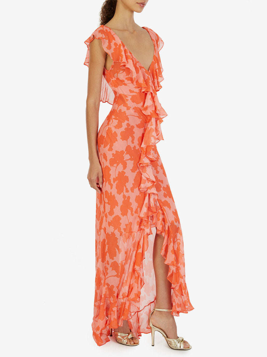 Vacation Dresses Maxi Backless Ruffles Pleated Short Sleeves Floral Print V-Neck Petal Sleeves Chic Orange Dress