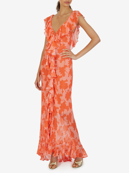 Vacation Dresses Maxi Backless Ruffles Pleated Short Sleeves Floral Print V-Neck Petal Sleeves Chic Orange Dress