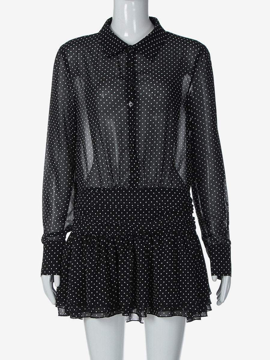 Date Night Dresses Mini Pleated Long Sleeves V-Neck Casual Black Dress