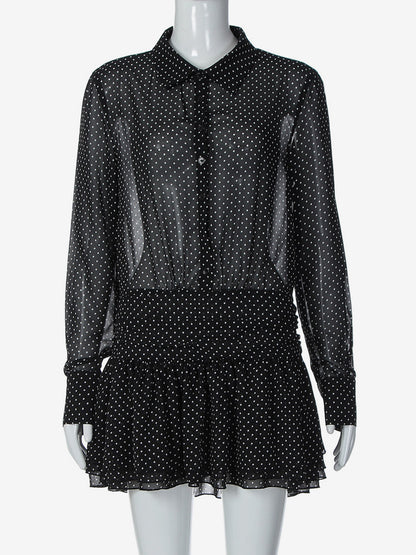 Date Night Dresses Mini Pleated Long Sleeves V-Neck Casual Black Dress