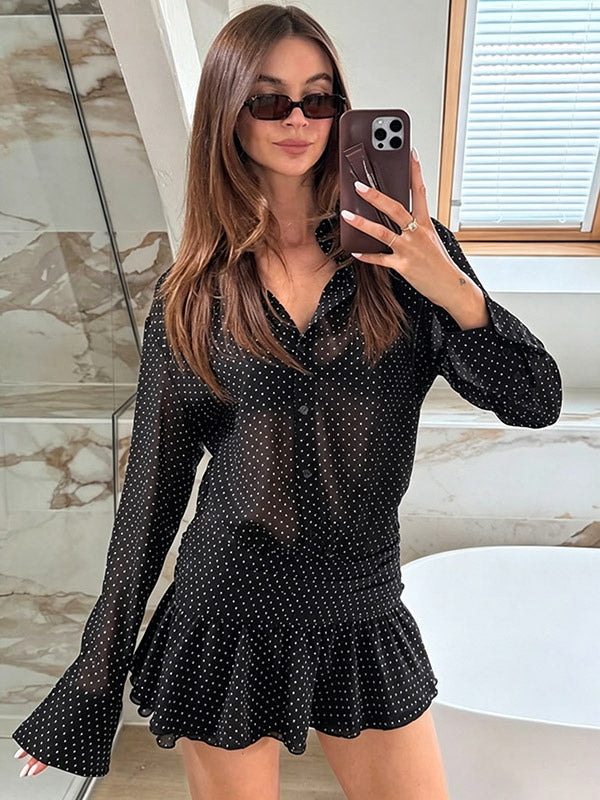 Date Night Dresses Mini Pleated Long Sleeves V-Neck Casual Black Dress