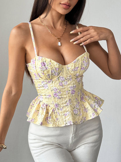 Corset Tops Black Corset Tops Chic Straps Neck Slim Fit Peplum Lace-up Tops