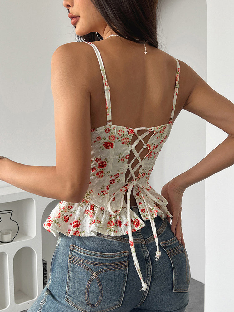 Corset Tops Black Corset Tops Chic Straps Neck Slim Fit Peplum Lace-up Tops