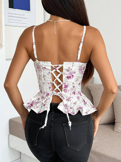 Corset Tops Black Corset Tops Chic Straps Neck Slim Fit Peplum Lace-up Tops