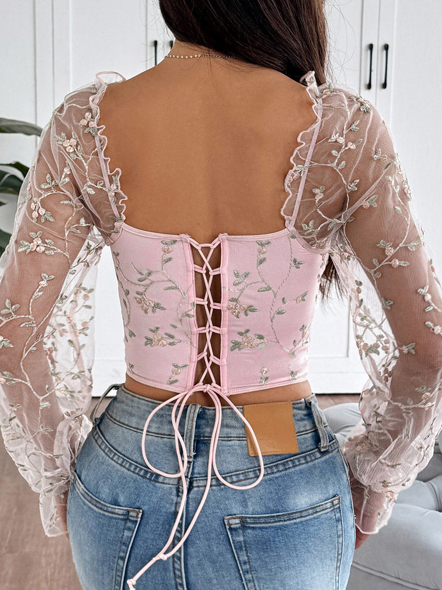 Corset Tops Black Chic Illusion Sleeves Long Sleeves Straps Neck Slim Fit Sheer Lace-up Tops