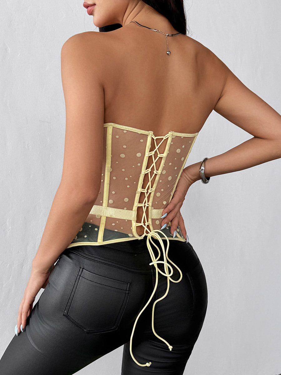 Corset Tops White Chic Sleeveless Strapless Sheer Slim Fit Lace-up Tops