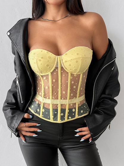 Corset Tops White Chic Sleeveless Strapless Sheer Slim Fit Lace-up Tops