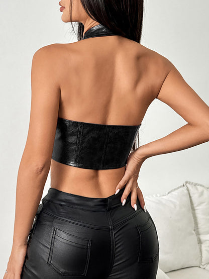 Corset Tops Deep Brown Chic Sleeveless Straps Neck Slim Fit Backless PU Lace Up Tops