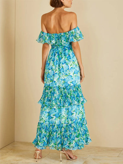 Vacation Dresses Maxi Backless Ruffles Pleated Floral Print Off-The-Shoulder Cold Shoulder Sleeve Casual Dress