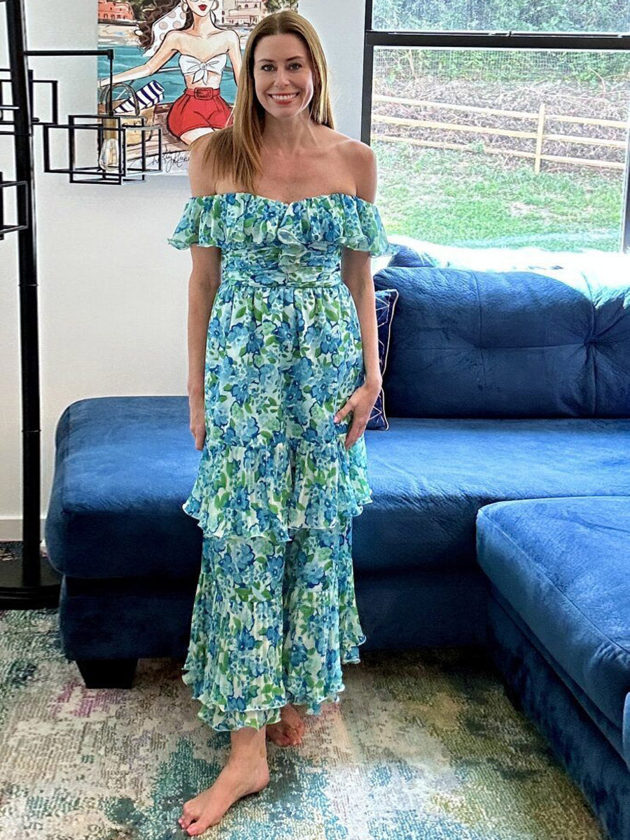 Vacation Dresses Maxi Backless Ruffles Pleated Floral Print Off-The-Shoulder Cold Shoulder Sleeve Casual Dress