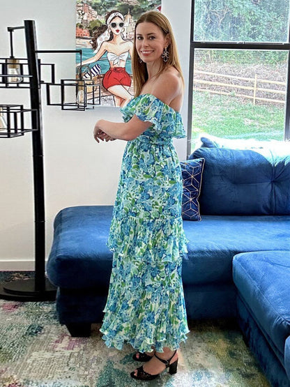 Vacation Dresses Maxi Backless Ruffles Pleated Floral Print Off-The-Shoulder Cold Shoulder Sleeve Casual Dress