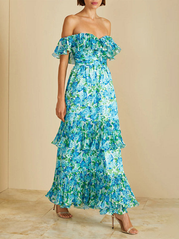 Vacation Dresses Maxi Backless Ruffles Pleated Floral Print Off-The-Shoulder Cold Shoulder Sleeve Casual Dress