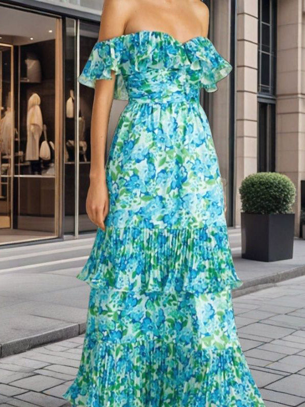 Vacation Dresses Maxi Backless Ruffles Pleated Floral Print Off-The-Shoulder Cold Shoulder Sleeve Casual Dress