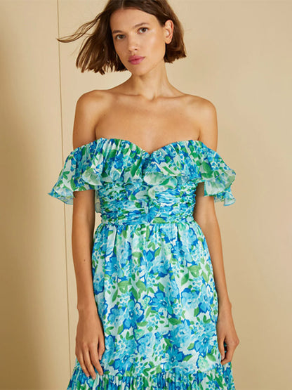 Vacation Dresses Maxi Backless Ruffles Pleated Floral Print Off-The-Shoulder Cold Shoulder Sleeve Casual Dress