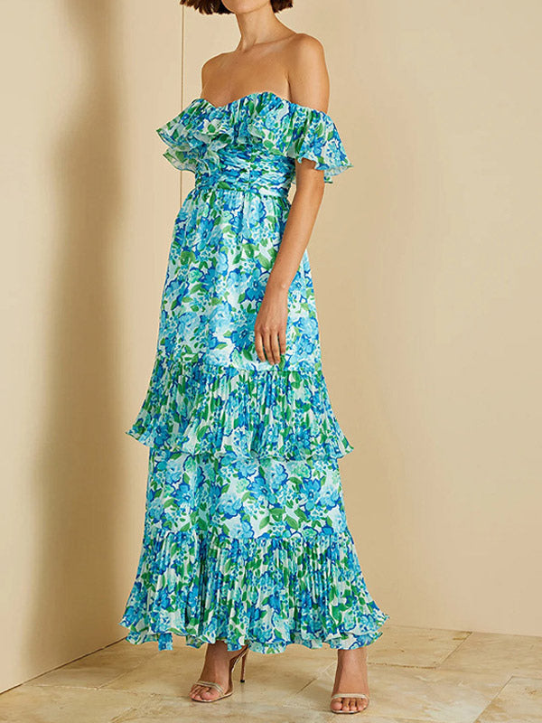 Vacation Dresses Maxi Backless Ruffles Pleated Floral Print Off-The-Shoulder Cold Shoulder Sleeve Casual Dress