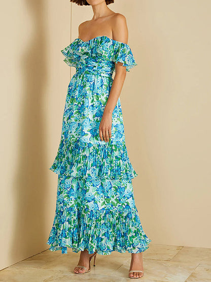 Vacation Dresses Maxi Backless Ruffles Pleated Floral Print Off-The-Shoulder Cold Shoulder Sleeve Casual Dress