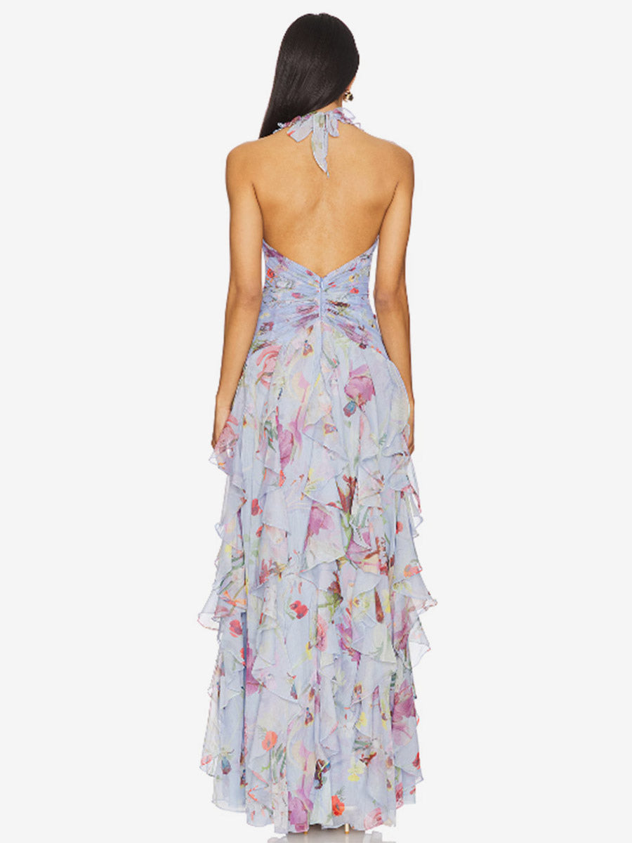 Vacation Dresses Maxi Backless Lace Up Pleated Sleeveless Floral Print V-Neck Sweet Light Gray Dress