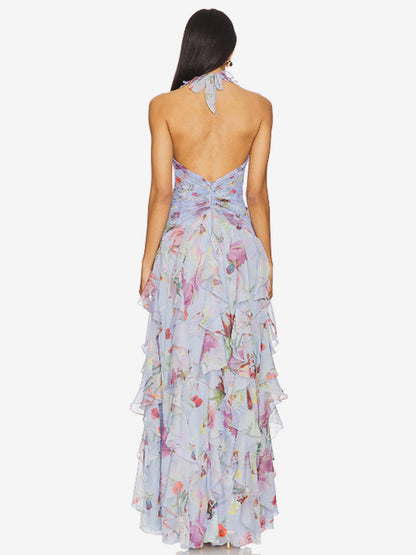 Vacation Dresses Maxi Backless Lace Up Pleated Sleeveless Floral Print V-Neck Sweet Light Gray Dress