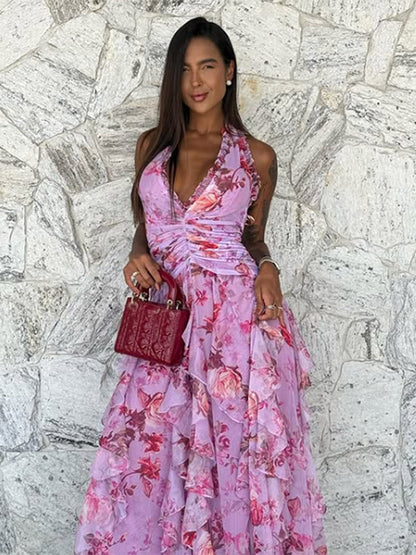 Vacation Dresses Maxi Backless Lace Up Pleated Sleeveless Floral Print V-Neck Sweet Light Gray Dress