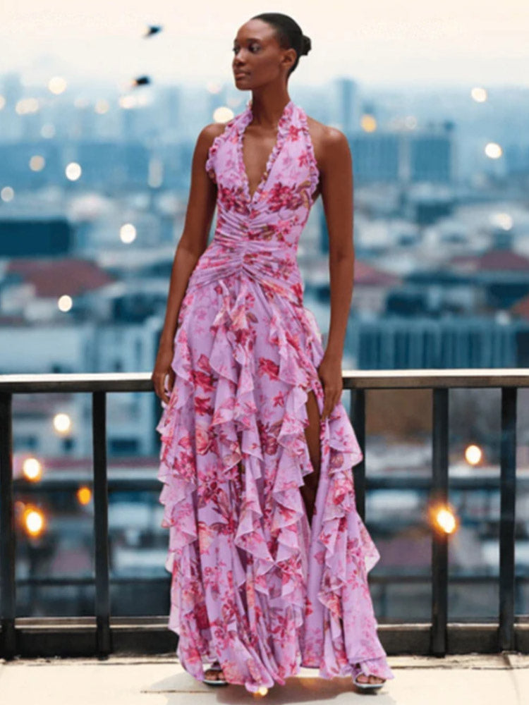 Vacation Dresses Maxi Backless Lace Up Pleated Sleeveless Floral Print V-Neck Sweet Light Gray Dress
