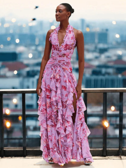Vacation Dresses Maxi Backless Lace Up Pleated Sleeveless Floral Print V-Neck Sweet Light Gray Dress