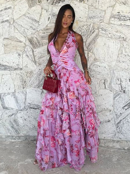 Vacation Dresses Maxi Backless Lace Up Pleated Sleeveless Floral Print V-Neck Sweet Light Gray Dress