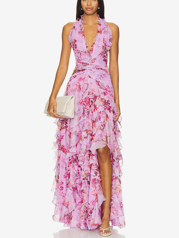 Vacation Dresses Maxi Backless Lace Up Pleated Sleeveless Floral Print V-Neck Sweet Light Gray Dress