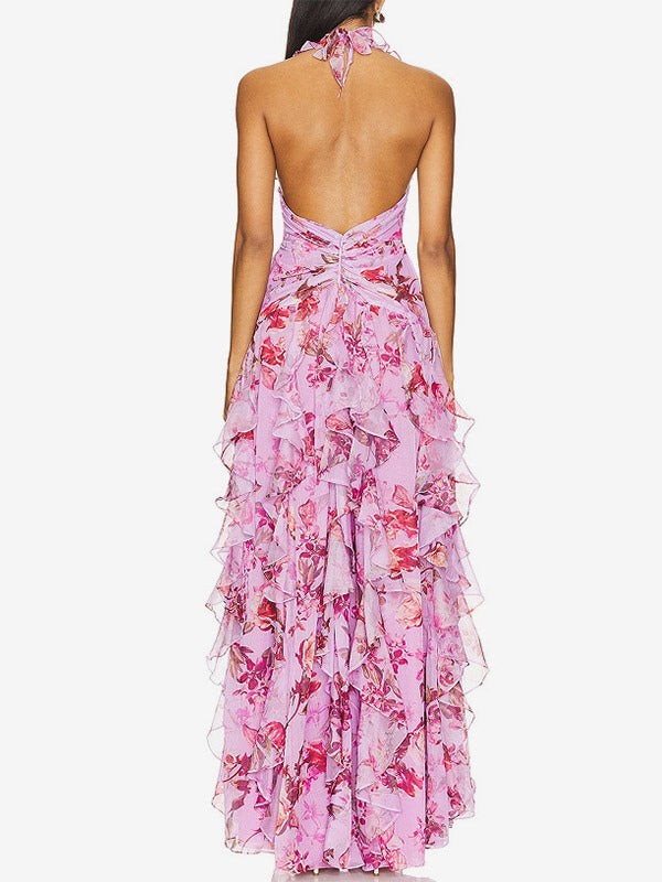 Vacation Dresses Maxi Backless Lace Up Pleated Sleeveless Floral Print V-Neck Sweet Light Gray Dress