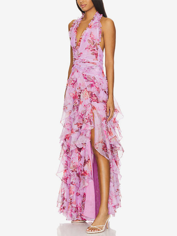 Vacation Dresses Maxi Backless Lace Up Pleated Sleeveless Floral Print V-Neck Sweet Light Gray Dress