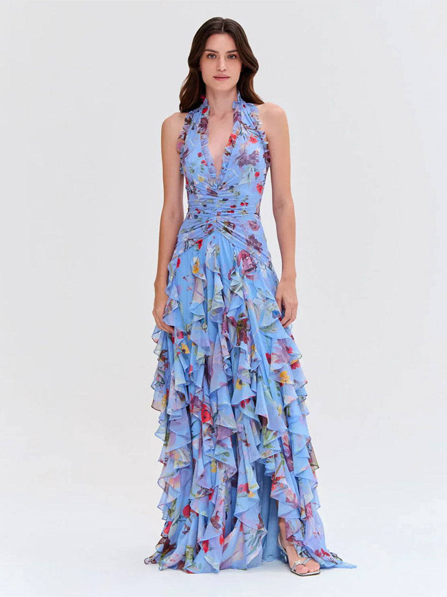 Vacation Dresses Maxi Backless Lace Up Pleated Sleeveless Floral Print V-Neck Sweet Light Gray Dress