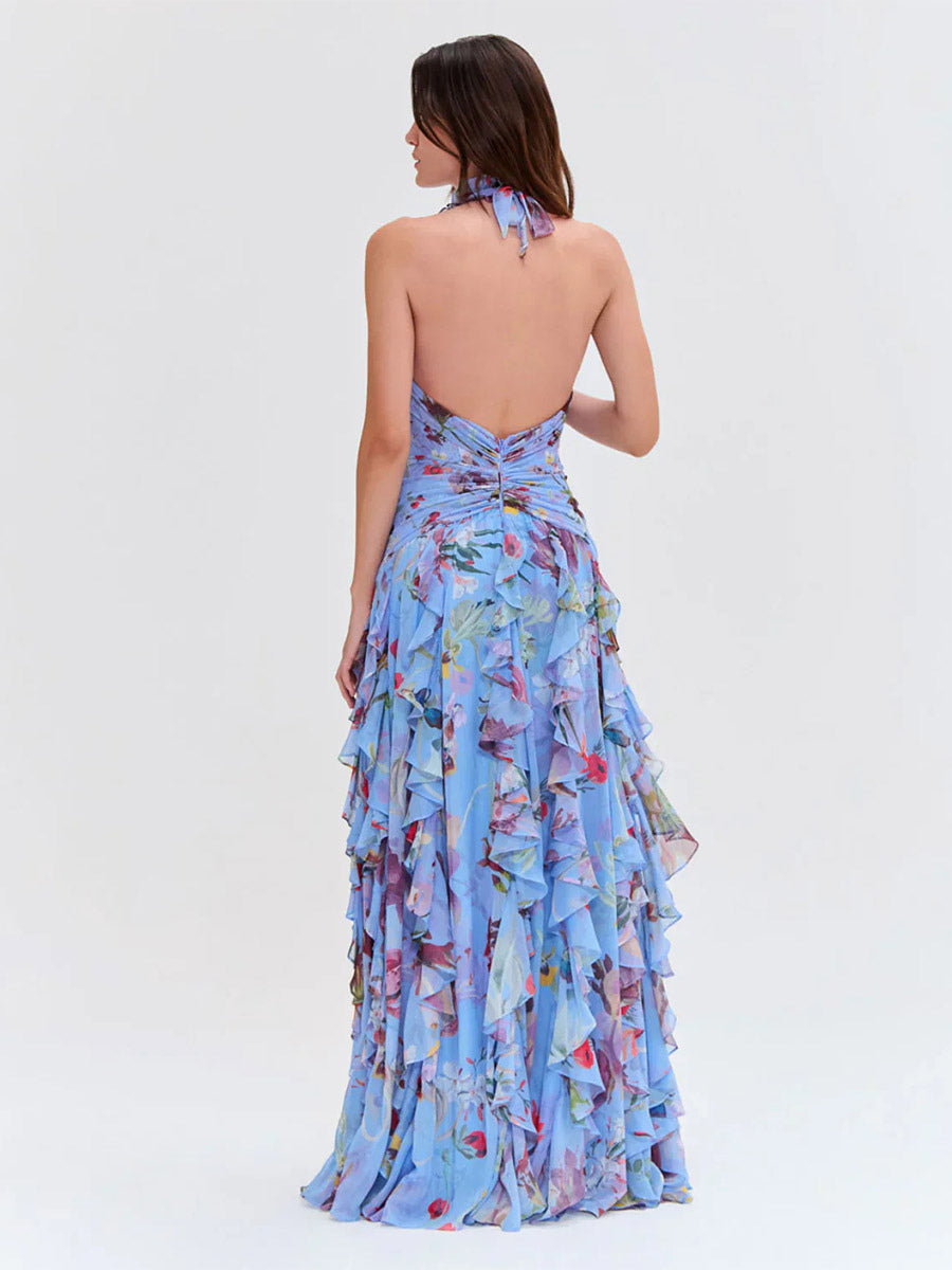Vacation Dresses Maxi Backless Lace Up Pleated Sleeveless Floral Print V-Neck Sweet Light Gray Dress