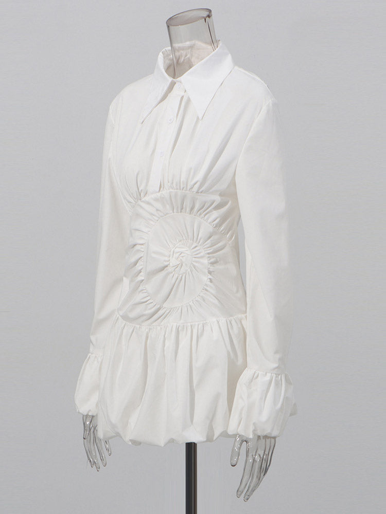 Daily Dresses Mini White Buttons Long Sleeves Turndown Collar Dress