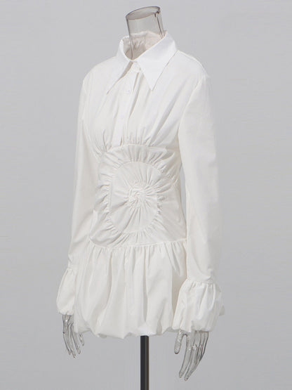 Daily Dresses Mini White Buttons Long Sleeves Turndown Collar Dress