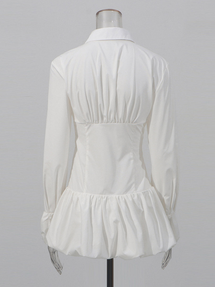 Daily Dresses Mini White Buttons Long Sleeves Turndown Collar Dress