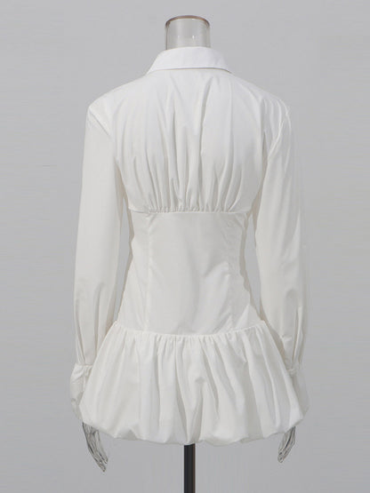 Daily Dresses Mini White Buttons Long Sleeves Turndown Collar Dress
