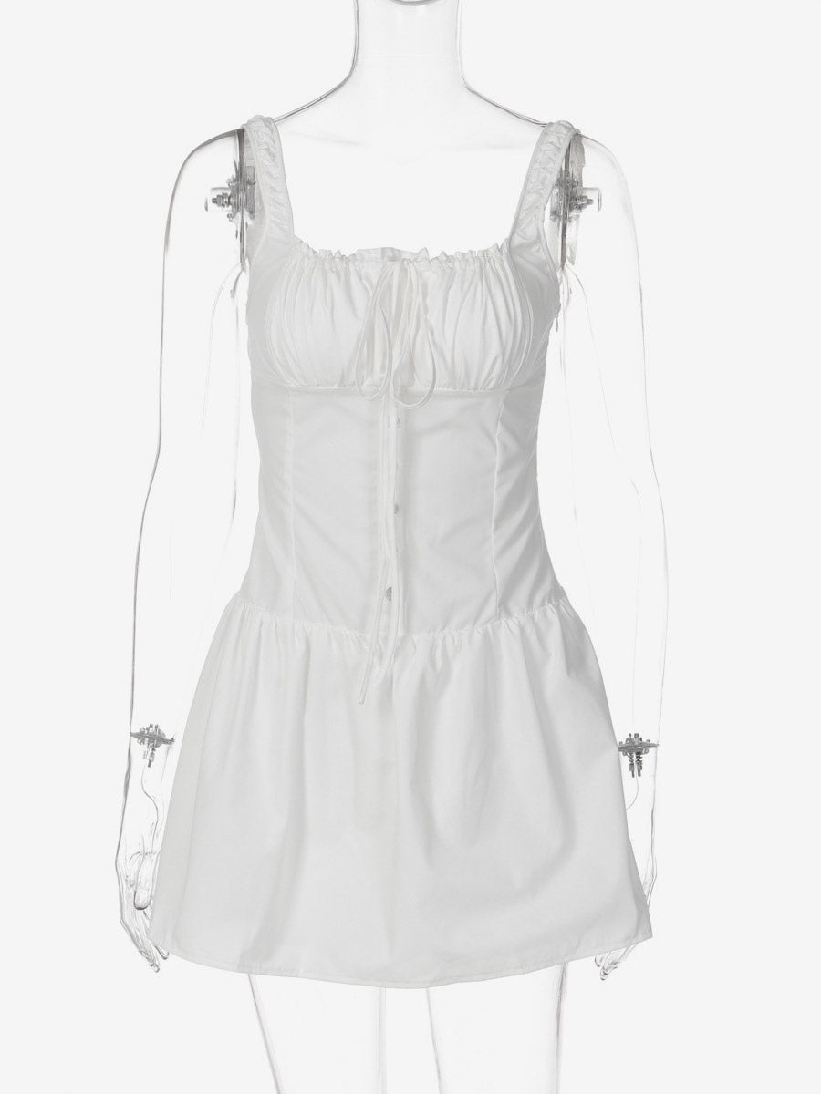 Party Dresses Mini White Straps Neck Lace Up Sleeveless Pleated Casual Semi Formal Dress