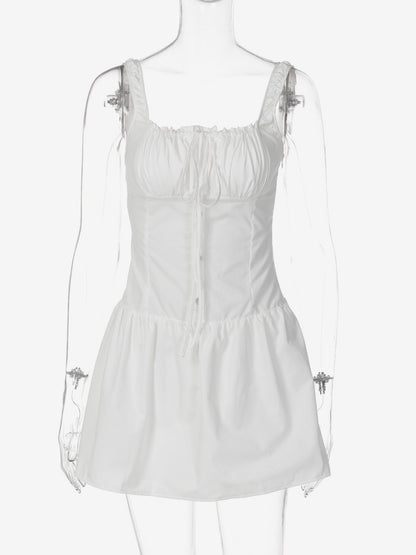 Party Dresses Mini White Straps Neck Lace Up Sleeveless Pleated Casual Semi Formal Dress