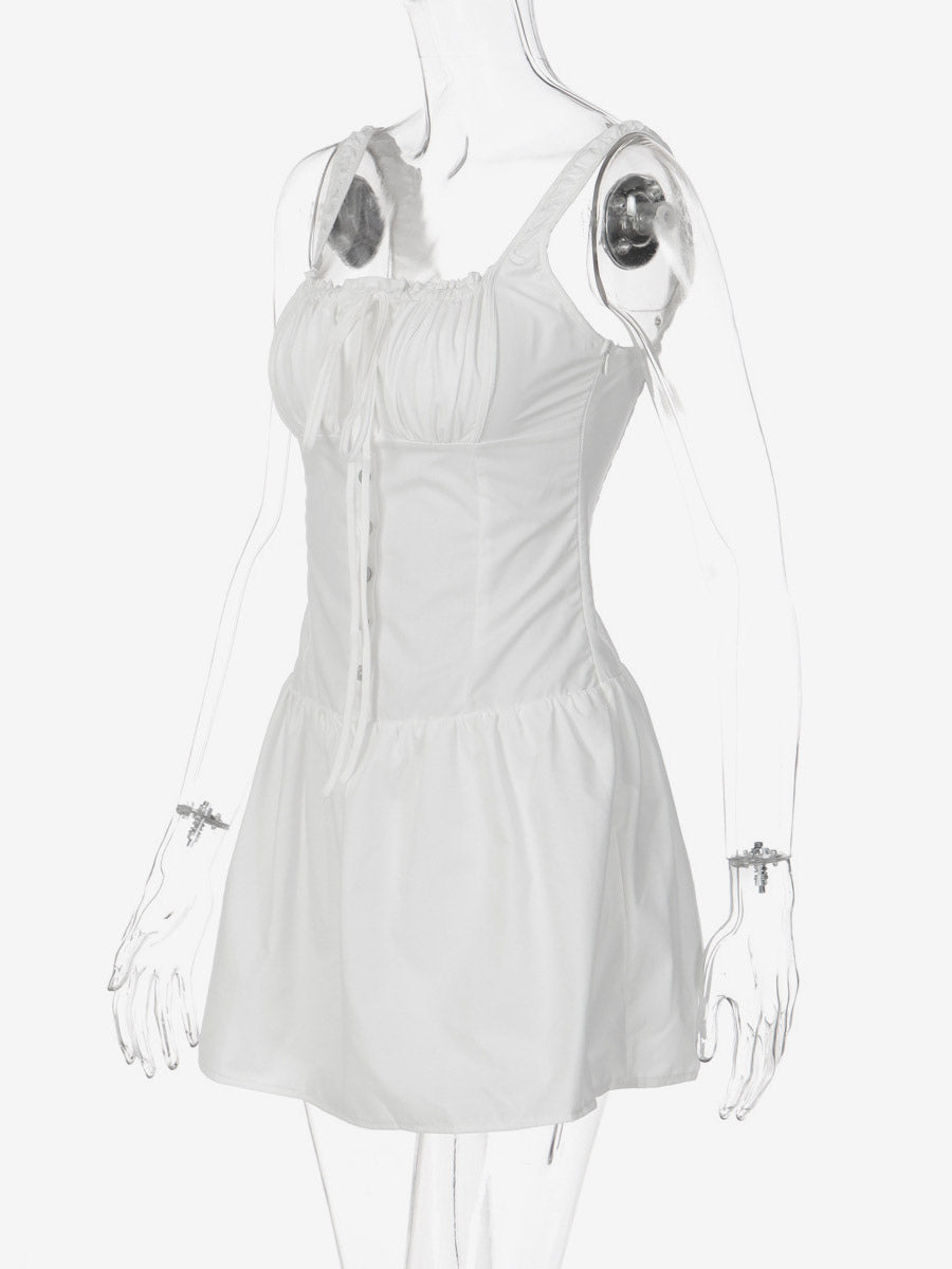 Party Dresses Mini White Straps Neck Lace Up Sleeveless Pleated Casual Semi Formal Dress