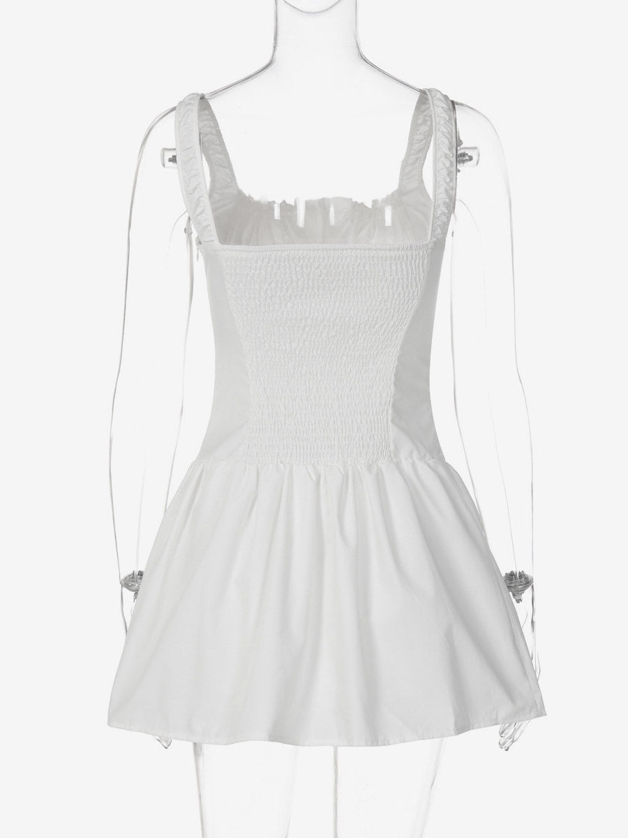 Party Dresses Mini White Straps Neck Lace Up Sleeveless Pleated Casual Semi Formal Dress