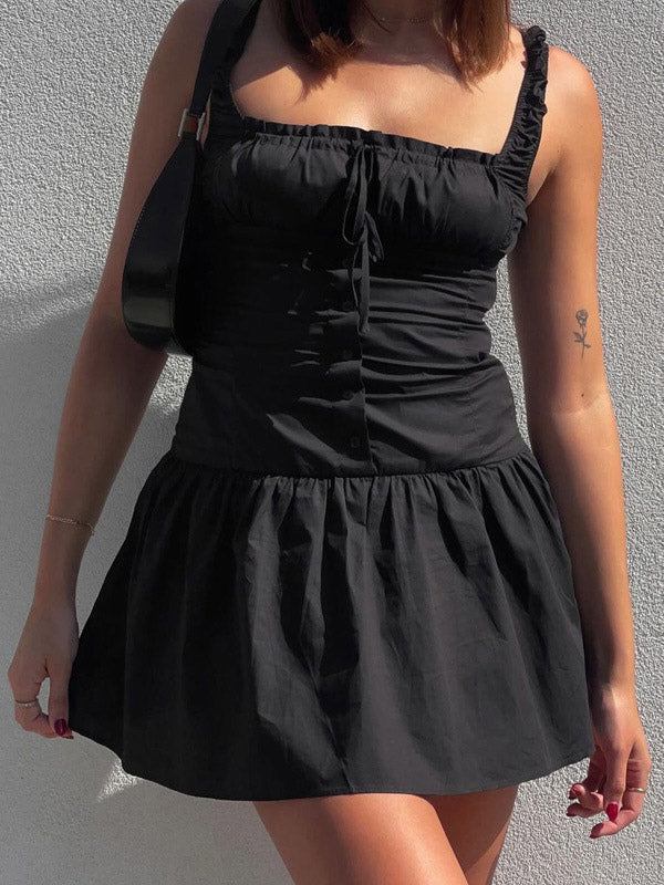 Party Dresses Mini White Straps Neck Lace Up Sleeveless Pleated Casual Semi Formal Dress
