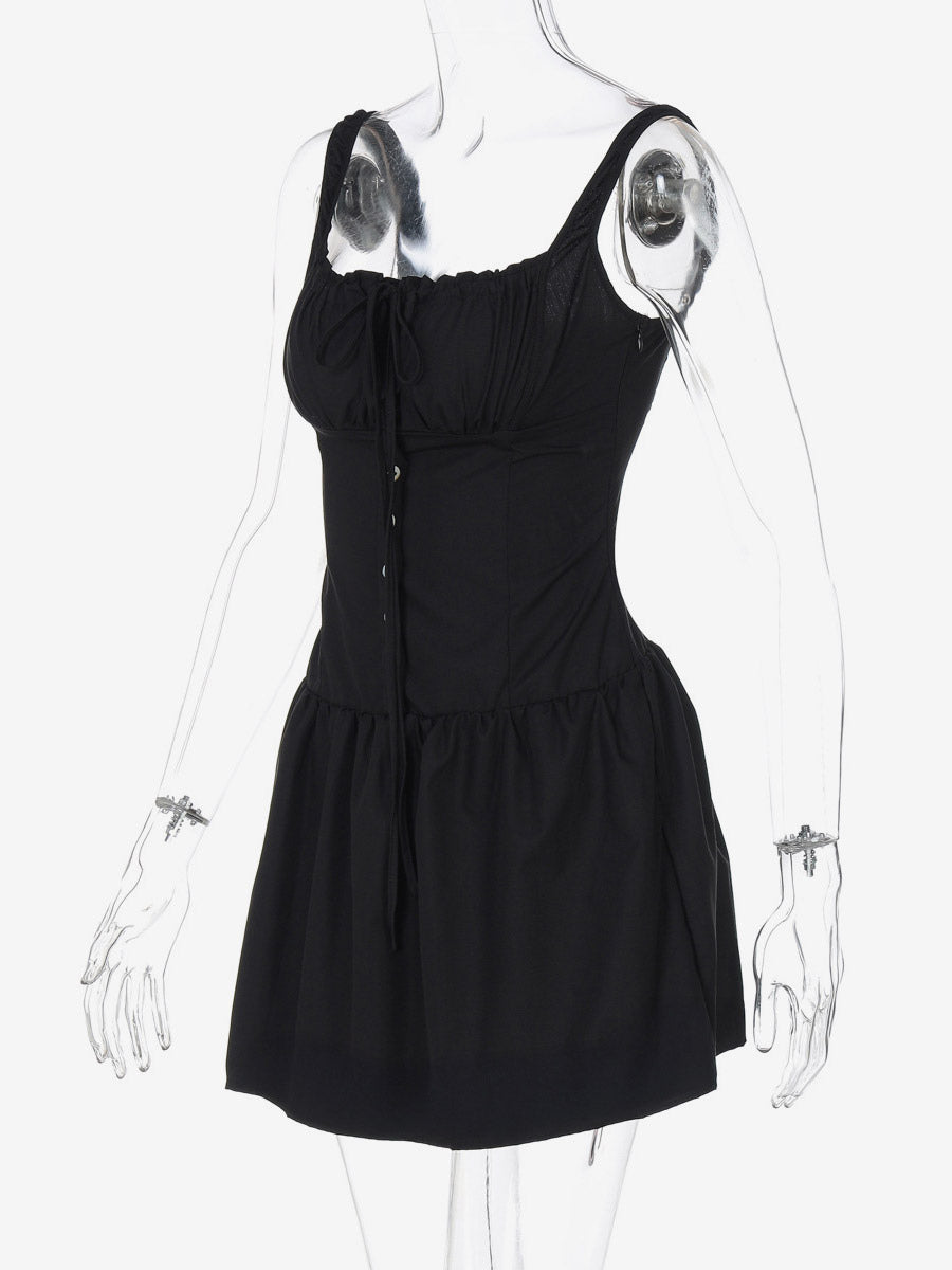 Party Dresses Mini White Straps Neck Lace Up Sleeveless Pleated Casual Semi Formal Dress