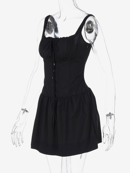 Party Dresses Mini White Straps Neck Lace Up Sleeveless Pleated Casual Semi Formal Dress