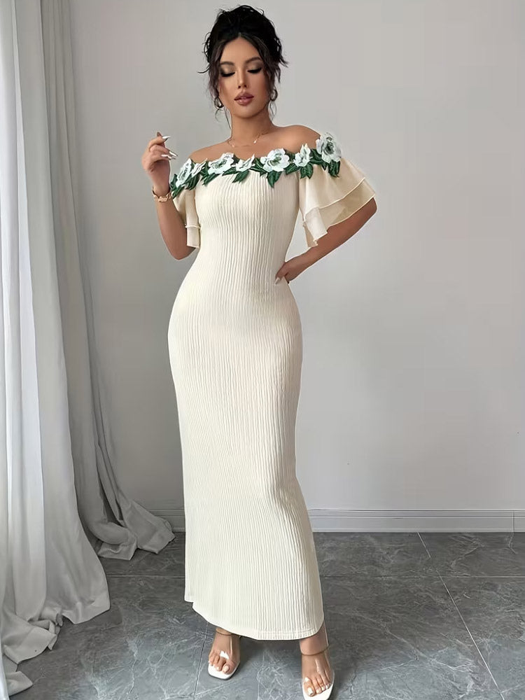 Party Dress Maxi Light Apricot Off-The-Shoulder Flowers Short Sleeves Clothes Puff Sleeves Sexy Gown